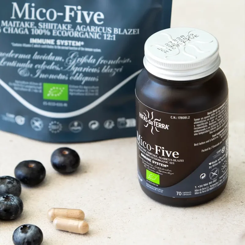Mico-Five Extractos puros de Reishi, Shiitake, Maitake, Champiñón del sol y Chaga (70 cáps. veganas 675.5 mg) - Imagen 6
